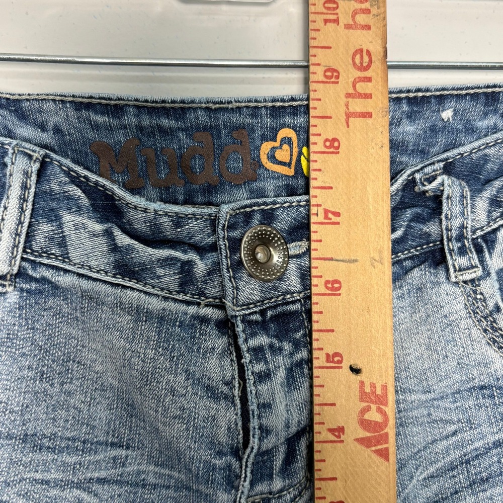 VTG Y2K Mudd Low Rise Micro Mini Denim Shorts Blue Acid Wash Embroidered Size 9 - Picture 5 of 8